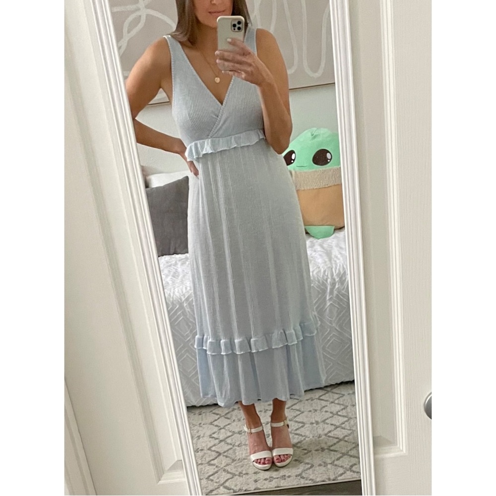 Blue White Stripe Ruffle Tier Midi Dress
